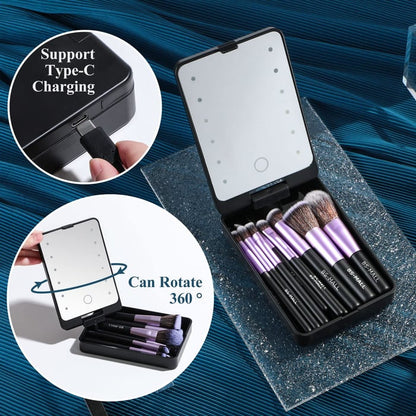 Putni set kistova za šminkanje s LED svjetlom i kutijicom za prašinu (5 kistova, punjivi putem USB-a)