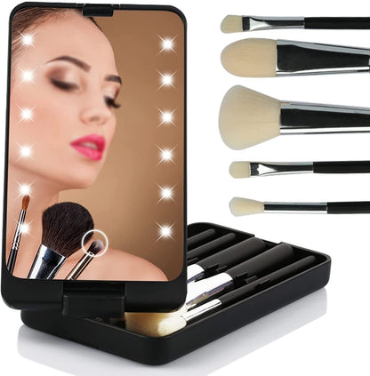 Putni set kistova za šminkanje s LED svjetlom i kutijicom za prašinu (5 kistova, punjivi putem USB-a)