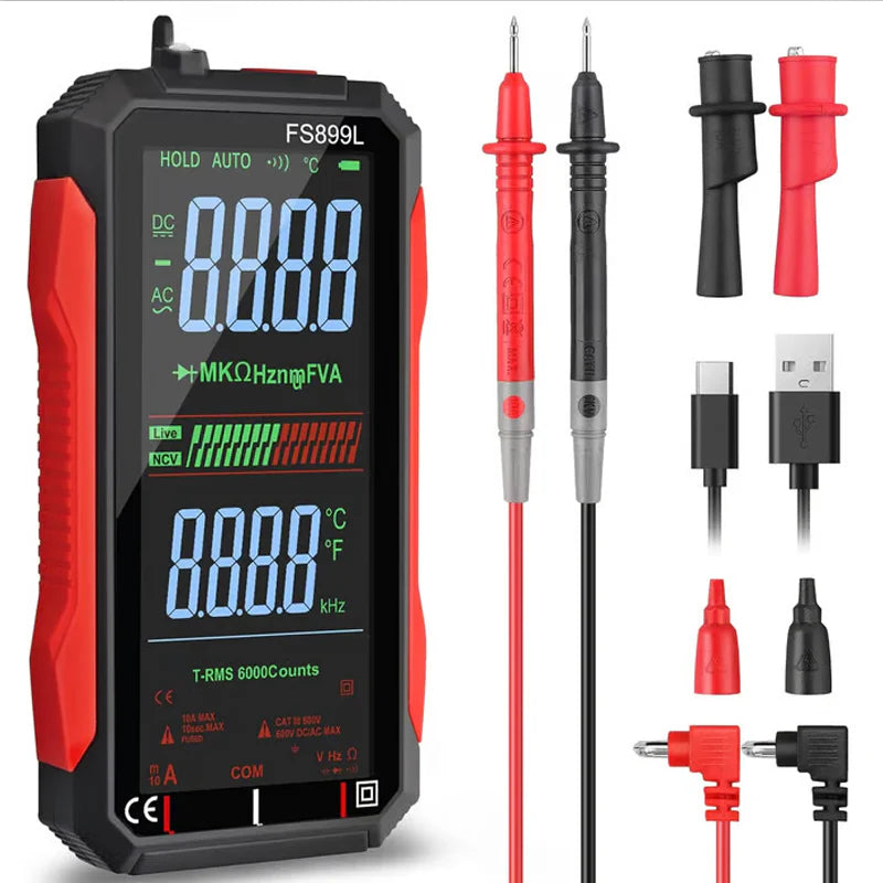 USB Tölthetős Digitális Multiméter – True RMS, Automatikus Tartományváltás és Megvilágított LCD Kijelző, CAT III 1000V