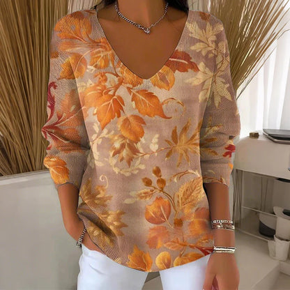 【❤️Kombinacija udobja in elegance】✨Bluza z dolgimi rokavi in V-izrezom s potiskom
