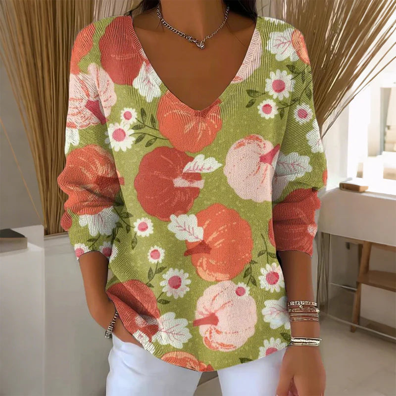 【❤️Kombinacija udobja in elegance】✨Bluza z dolgimi rokavi in V-izrezom s potiskom