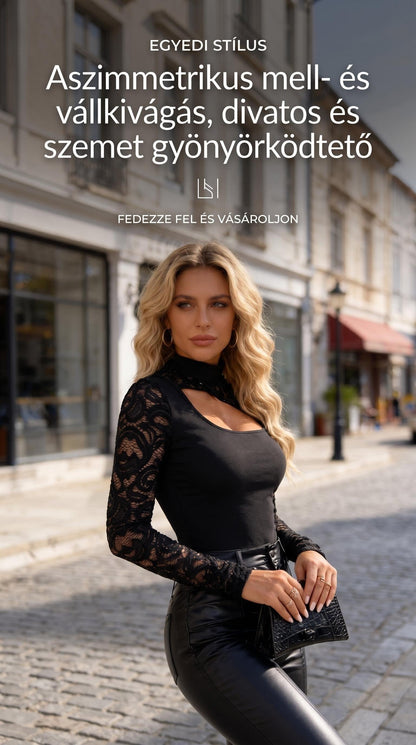 👍2026 Új modell🎁Ingyenes ajándék-📿Gyönyörű nyaklánc✨ Aszimmetrikus csipkés slim fit felső – Modern eleganccia minden alkalommal!