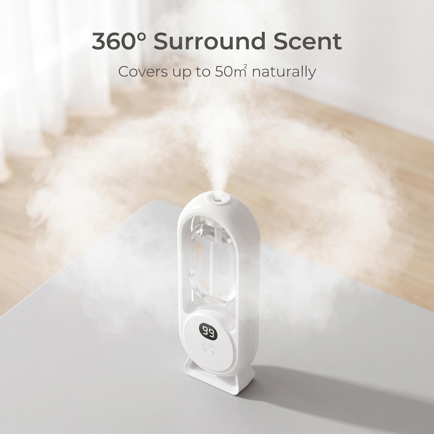 ✨ AromaGlow 360 intelligens illatdiffúzor – 50 négyzetméteres hatótávolság, akár 2 hónapos akkumulátor-üzemidő, 5 időzítési mód💨
