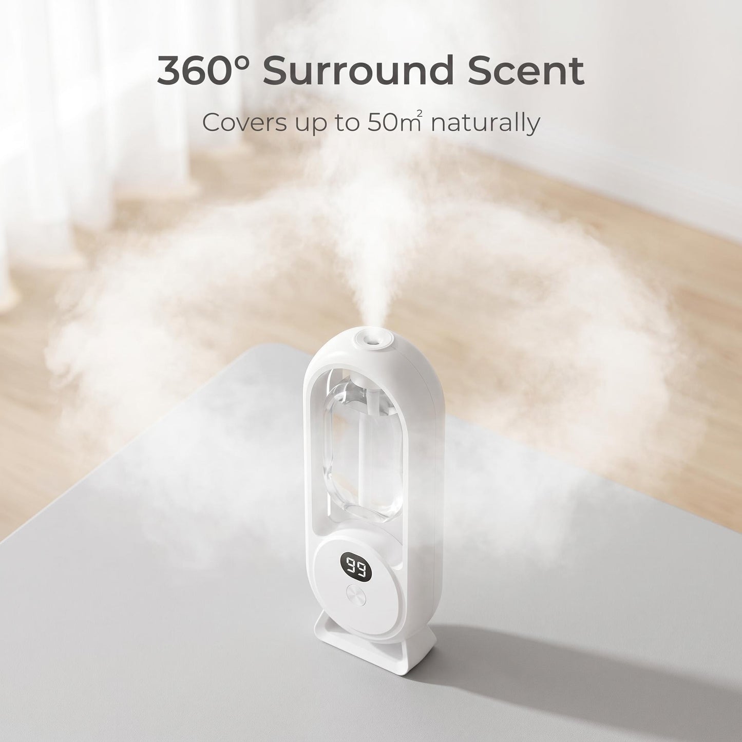✨ AromaGlow 360 intelligens illatdiffúzor – 50 négyzetméteres hatótávolság, akár 2 hónapos akkumulátor-üzemidő, 5 időzítési mód💨