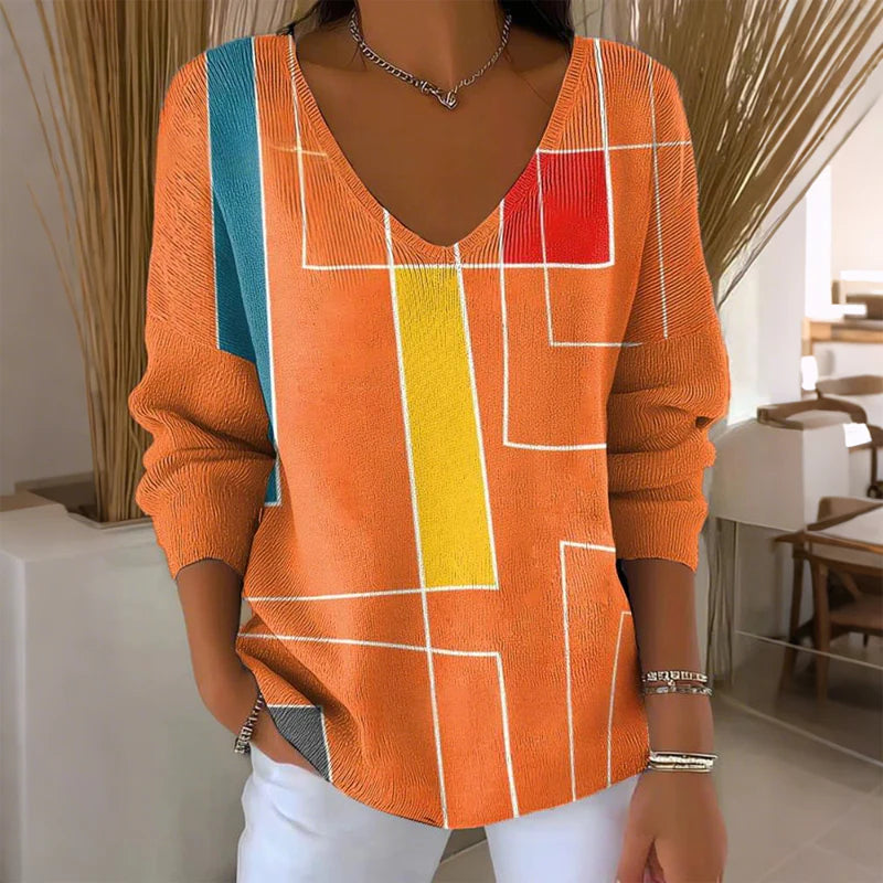 【❤️Kombinacija udobja in elegance】✨Bluza z dolgimi rokavi in V-izrezom s potiskom