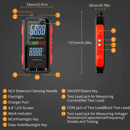 USB Tölthetős Digitális Multiméter – True RMS, Automatikus Tartományváltás és Megvilágított LCD Kijelző, CAT III 1000V