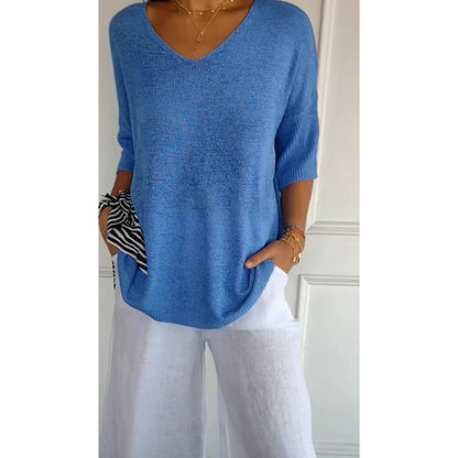 Solid Color Knitted V-neck Top