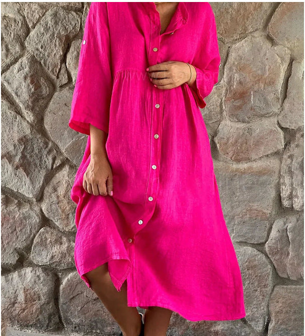 【✨Combinație de confort și modă】Rochie cămașă lejeră din bumbac și in