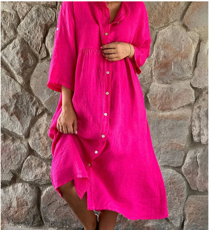 【✨Combinație de confort și modă】Rochie cămașă lejeră din bumbac și in