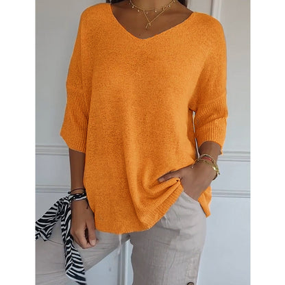 Solid Color Knitted V-neck Top