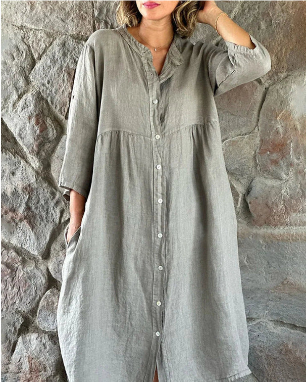 【✨Combinație de confort și modă】Rochie cămașă lejeră din bumbac și in