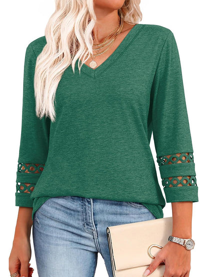 2025 New Womens 3/4 Length Sleeve Tops Trendy V Neck T Shirts