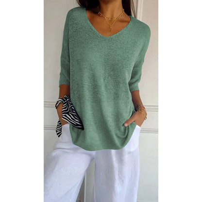 Solid Color Knitted V-neck Top