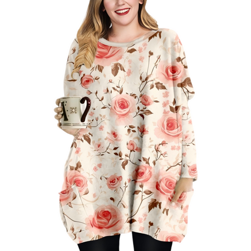 【🍂Jesenski outfit🔥】Lahka obleka z ovratnikom - s čudovitim potiskom roza vrtnic
