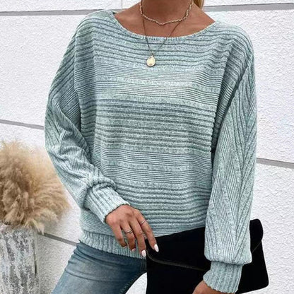 Enobarvni črtasti top z okroglim izrezom in dolgimi rokavi